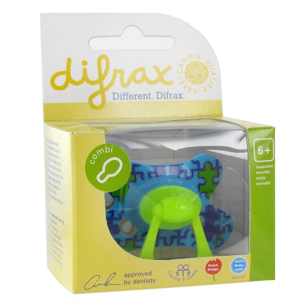 Difrax speen in verpakking. Blauw-groen patroon, groen mondstuk, groene ring. Aanbevolen voor 6+ maanden.
