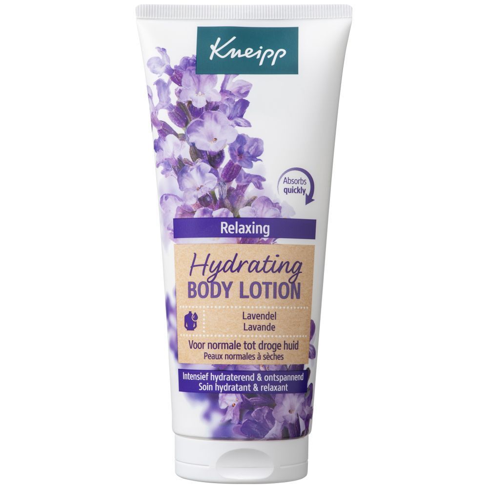 Kneipp Hydrating Body Lotion Lavendel tube met lavendelafbeelding. "Microplastic free formula" keurmerk.