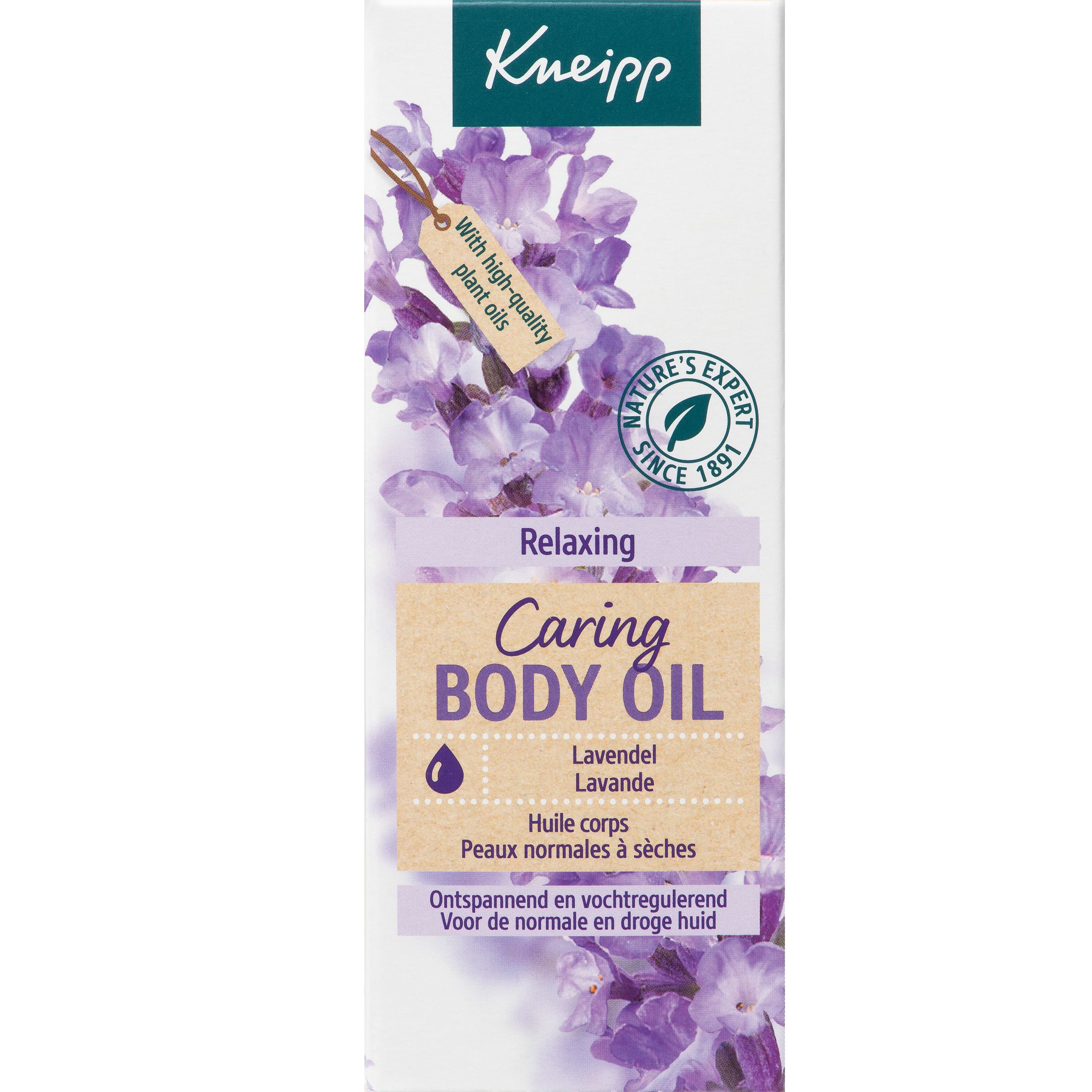 Kneipp® Lavendel Body Oil verpakking. Verpakking met lavendel illustratie en productnaam.