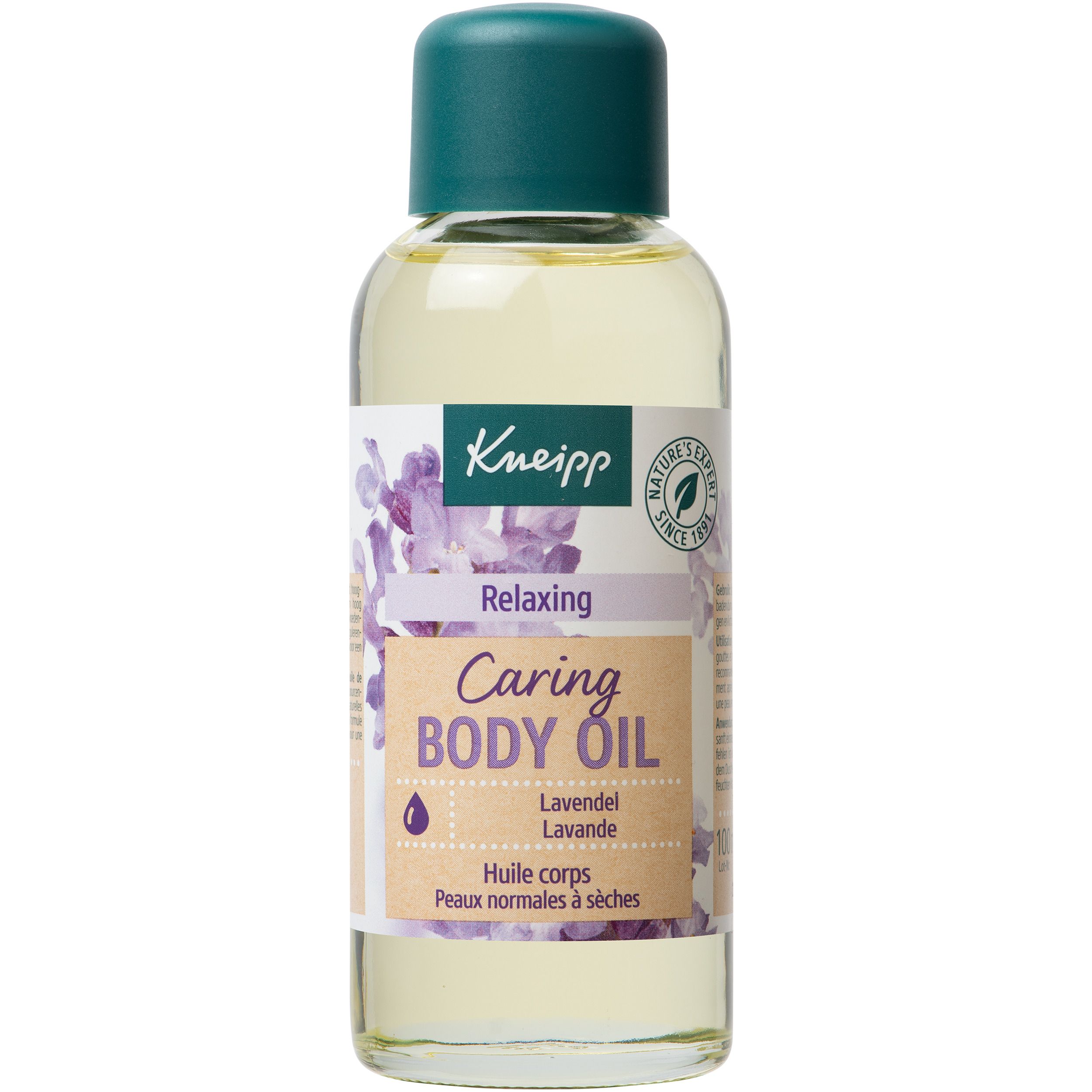 Kneipp® Lavendel Body Oil fles en verpakking. Fles met groene dop, verpakking met lavendel illustratie.