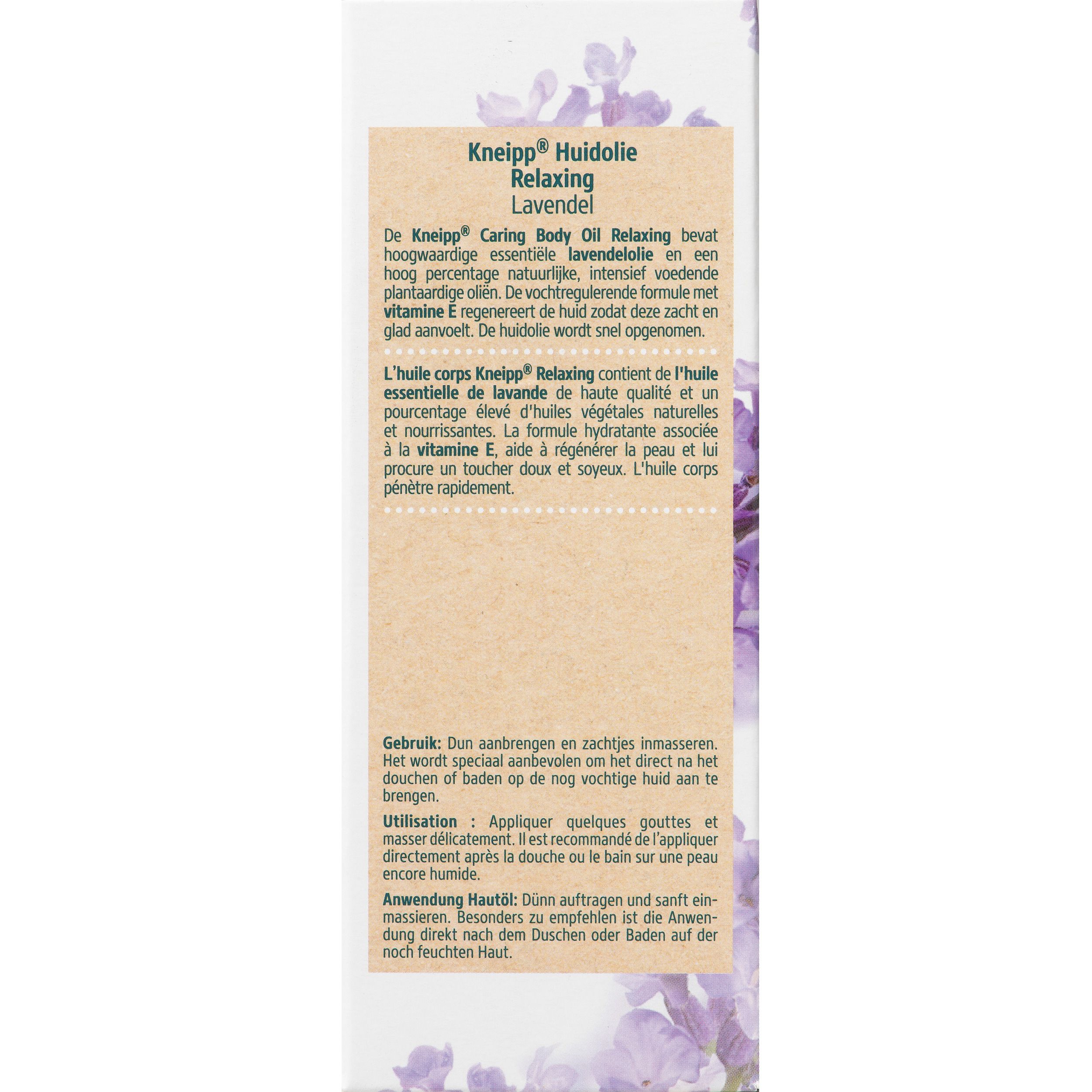 Achterkant van de Kneipp® Lavendel Body Oil fles. Etiket met productinformatie en lavendel illustratie.