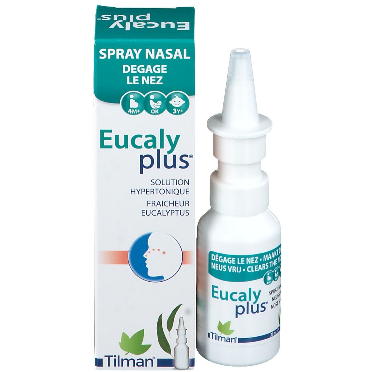 Witte neussprayfles met sproeikop. Productnaam en logo op de fles.