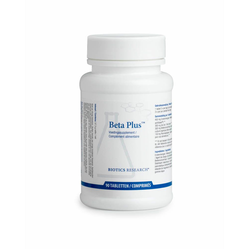 Witte fles Beta Plus Biotics. Opschrift: 90 tabletten. Dop met 'SEALED FOR YOUR PROTECTION'.