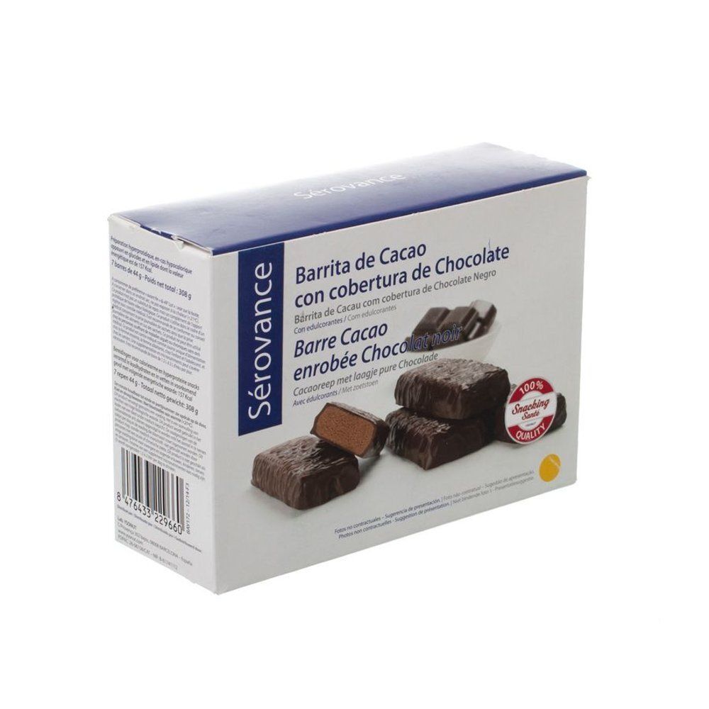 Doos met chocoladerepen. Opschrift: Sérovance, Barrita de Cacao con cobertura de Chocolate. Repen zijn ook zichtbaar.