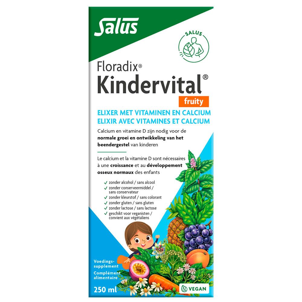 Blauwe doos met Salus Floradix Kindervital. Opschrift: Fruity, Multivitamine, Vegan. Afbeelding van fruit en kinderen.