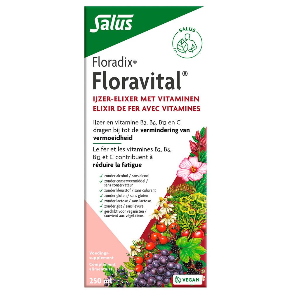 Floradix Floravital verpakking. Rode en witte doos met productnaam, bloemenillustraties en tekst.