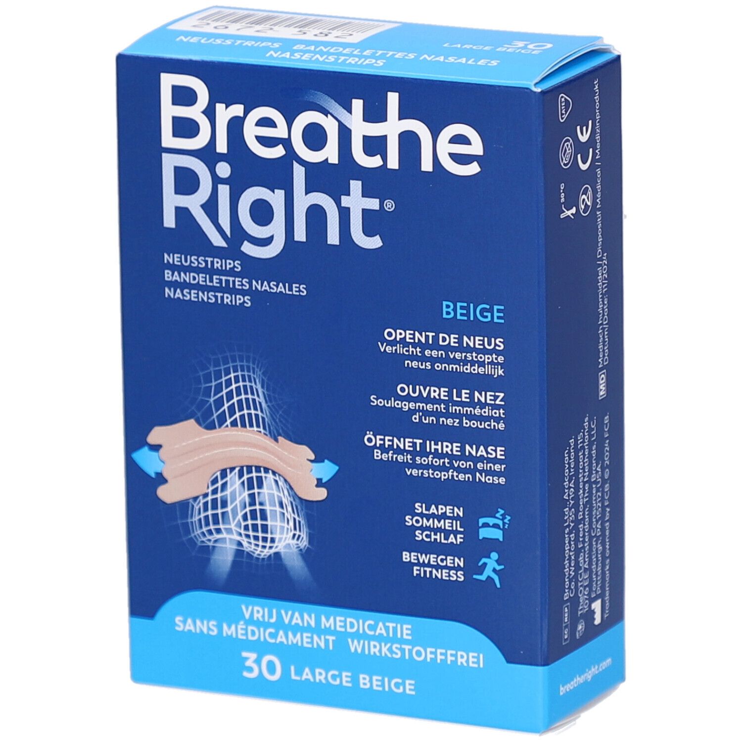 Breathe Right doos, beige. Bevat 30 strips. Tekst: Opent de neus, ouvre le nez, öffnet ihre Nase. Beige.