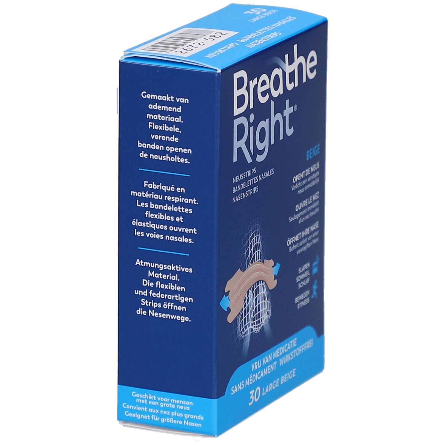 Breathe Right doos, blauw. Tekst: Gemaakt van ademend materiaal, Fabriqué en matériau respirant, Atmungsaktives Material. 30 Large Beige.