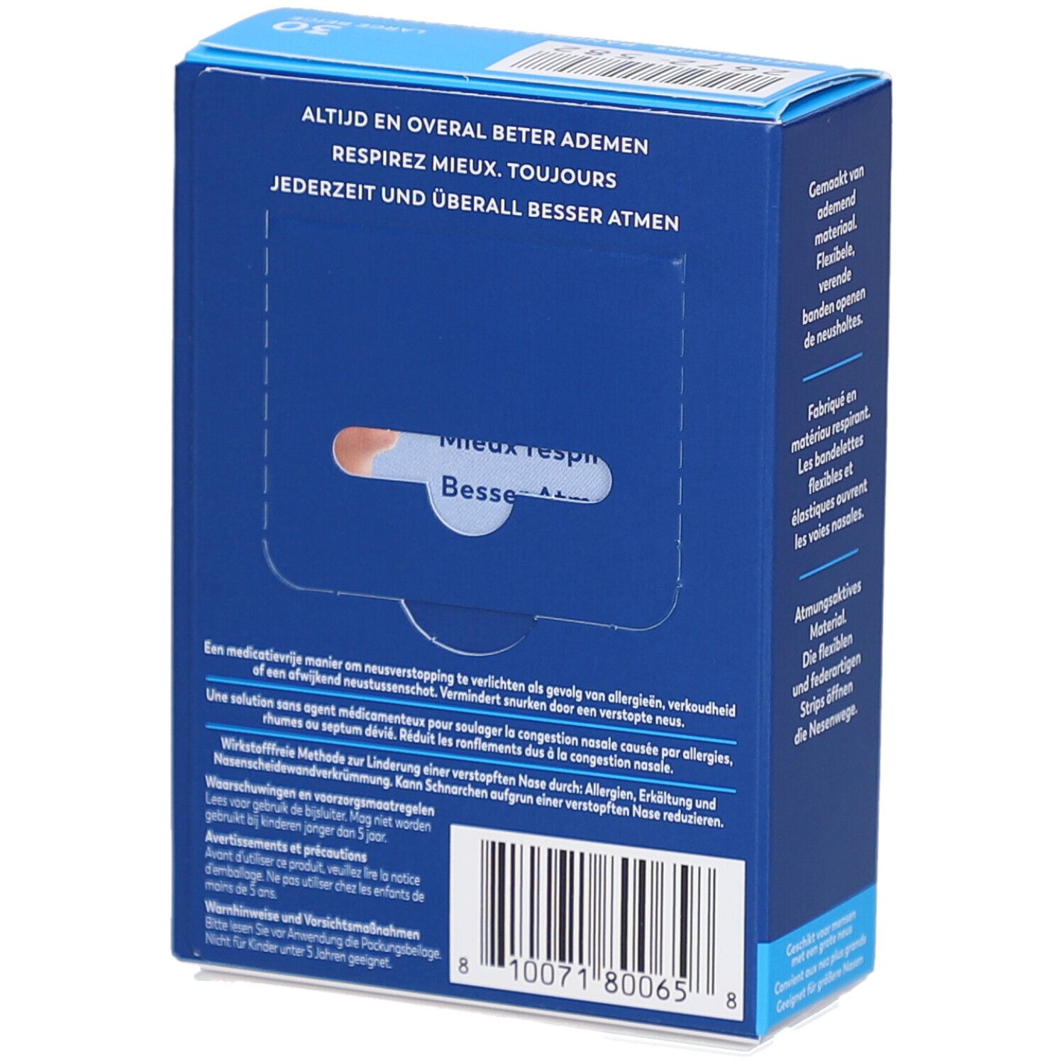 Achterkant Breathe Right doos. Tekst: Altijd en overal beter ademen, Respirez mieux. toujours, Jederzeit und überall besser atmen. Barcode.