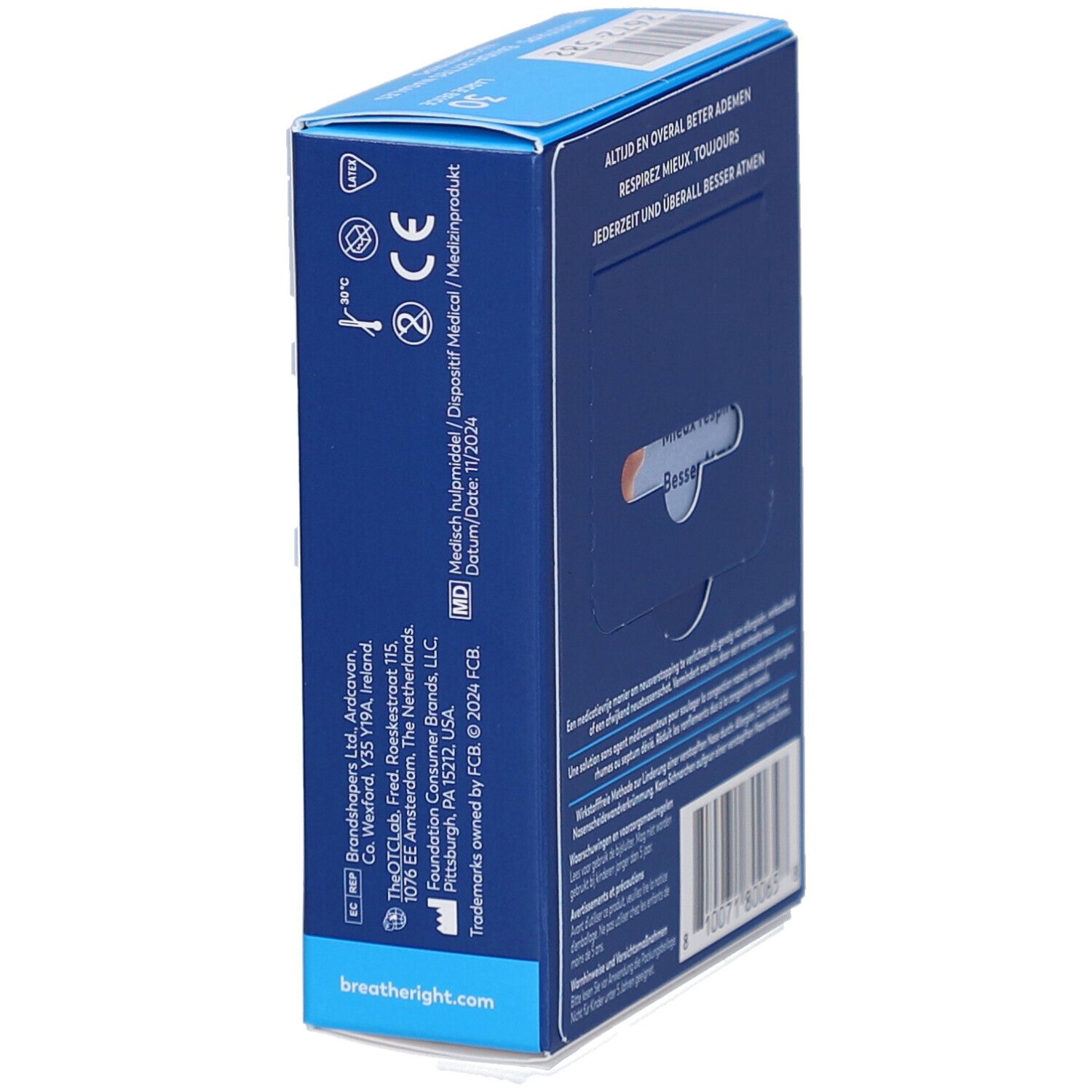 Zijkant Breathe Right doos. Tekst: Altijd en overal beter ademen, Respirez mieux. toujours, Jederzeit und überall besser atmen. MD-teken.
