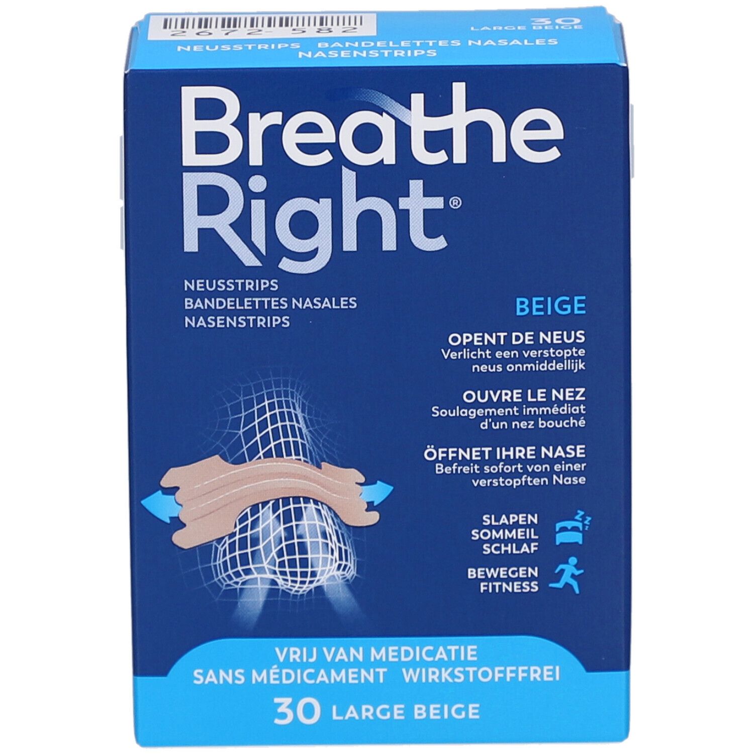 Breathe Right doos, blauw. Tekst: Opent de neus, ouvre le nez, öffnet ihre Nase. 30 Large Beige. Slaap- en fitness symbolen.