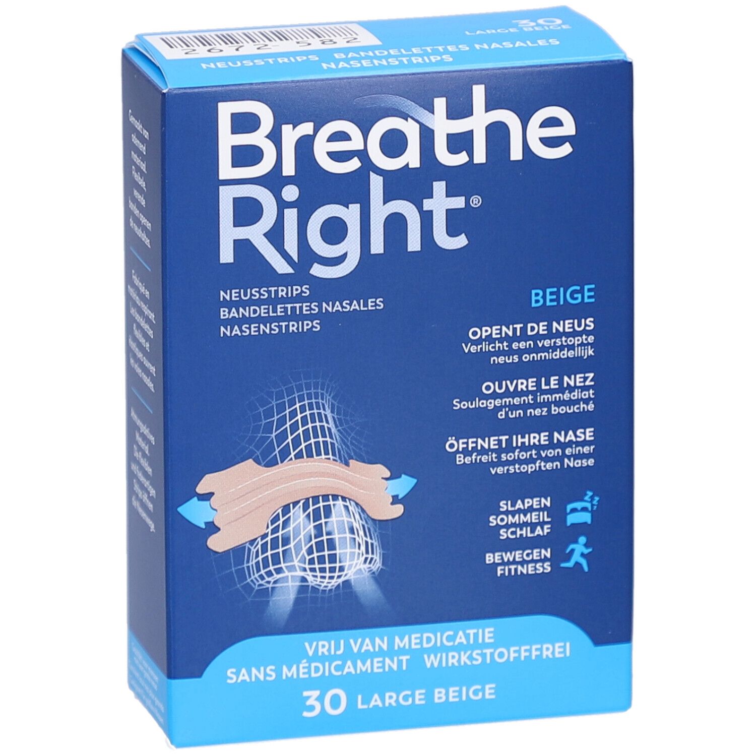 Breathe Right doos, blauw. Tekst: Opent de neus, ouvre le nez, öffnet ihre Nase. 30 Large Beige. Slaap- en fitness symbolen.