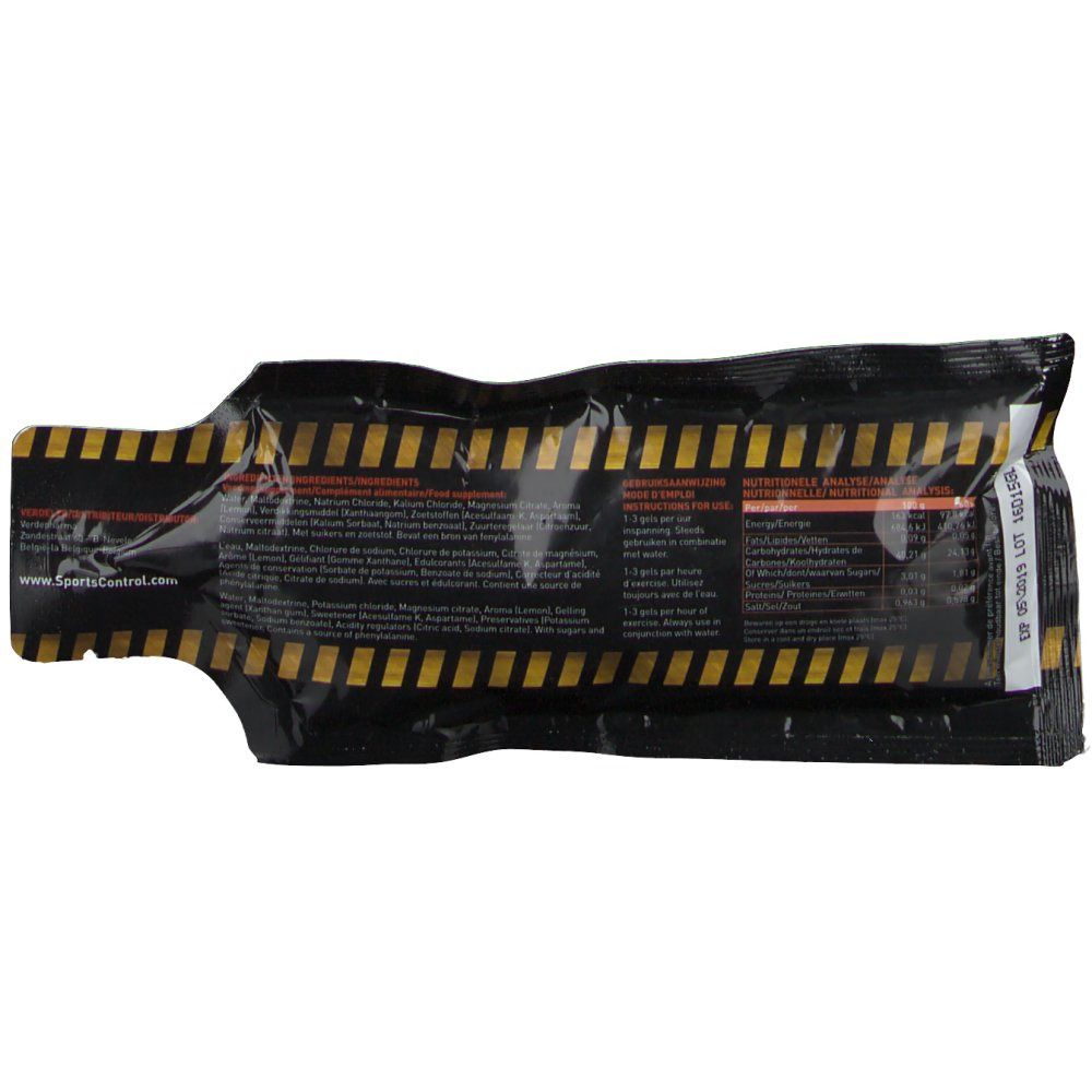 Dos du sachet de gel énergétique. Sachet noir avec bandes d'avertissement jaunes. Texte et informations en plusieurs langues.