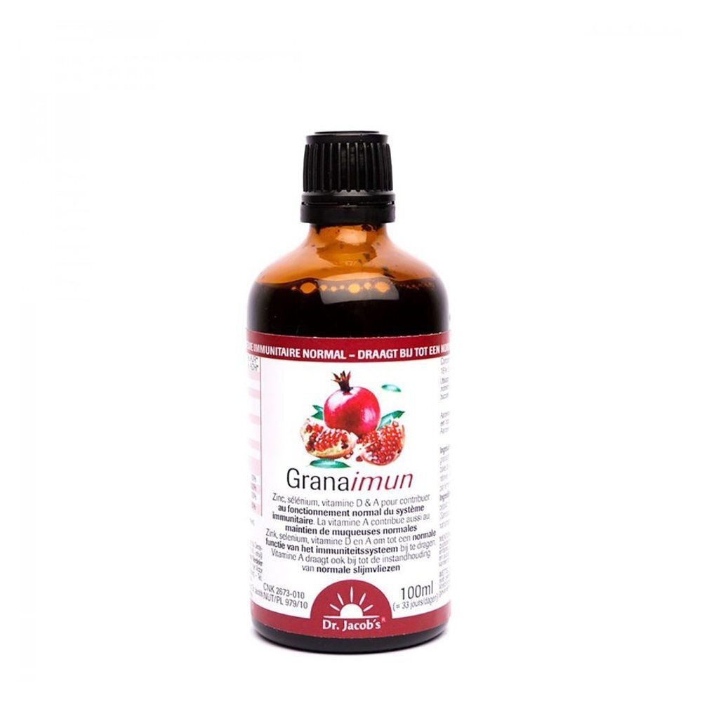 Flacon en verre brun avec bouchon noir. Étiquette avec illustration de grenade et texte. Dr. Jacob's.