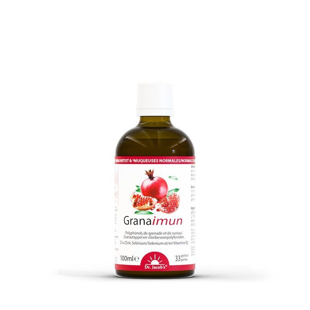 Flacon en verre brun avec bouchon blanc. Étiquette avec illustration de grenade et texte. Dr. Jacob's.