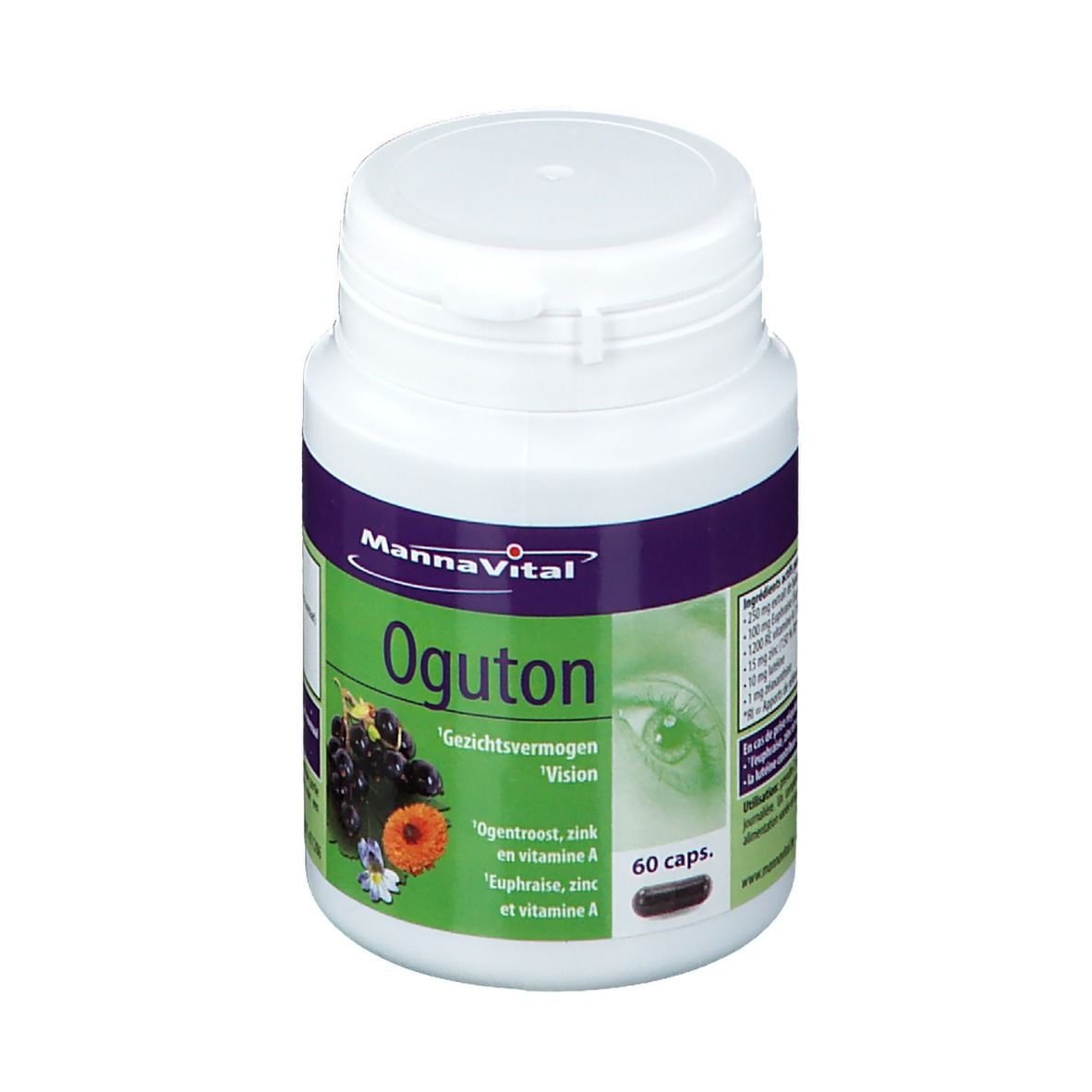 Flacon blanc avec étiquettes violettes et vertes. Inscription: MannaVital Oguton. 60 capsules. Illustration de baies et de fleurs.