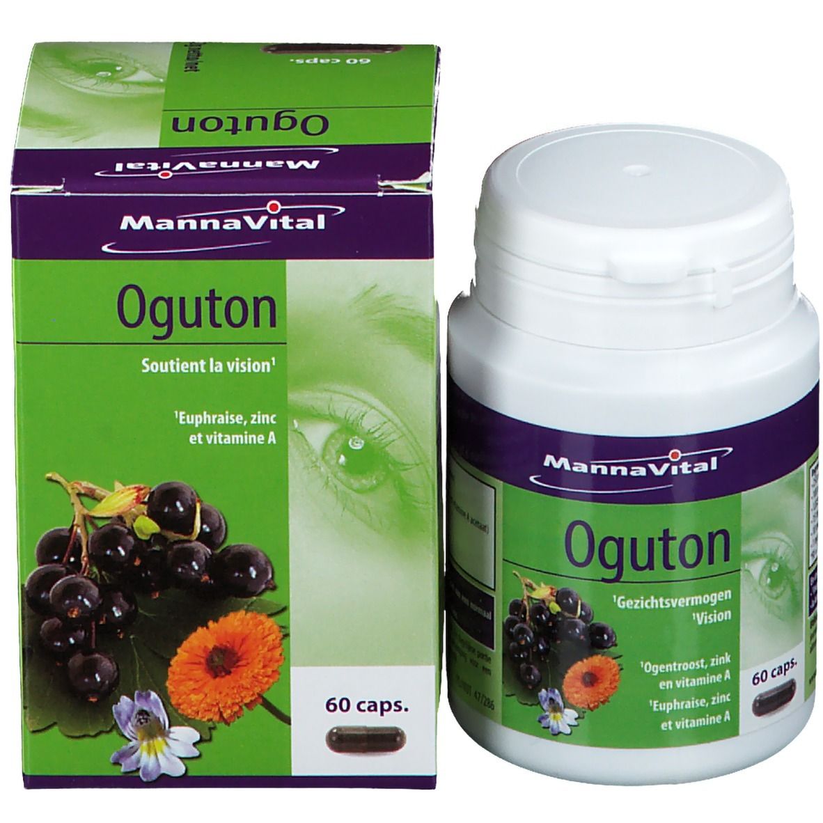 Emballage du produit avec flacon et boîte. Inscription: MannaVital Oguton. 60 capsules. Illustration de baies et de fleurs.