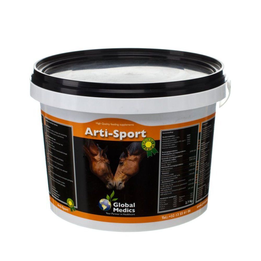 Witte kunststof pot met zwart deksel, etiket met paardenhoofd en productinformatie.