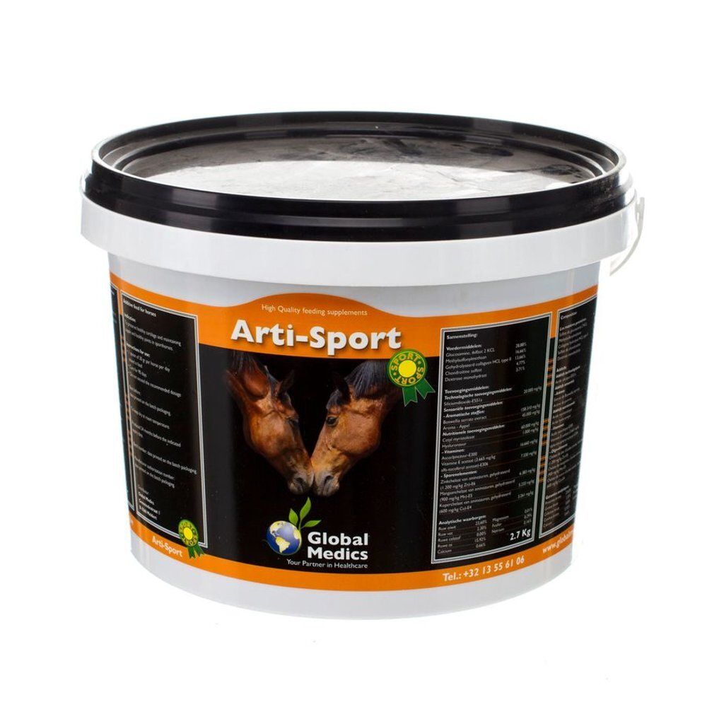 Witte kunststof pot met zwart deksel, etiket met twee paarden en productinformatie.