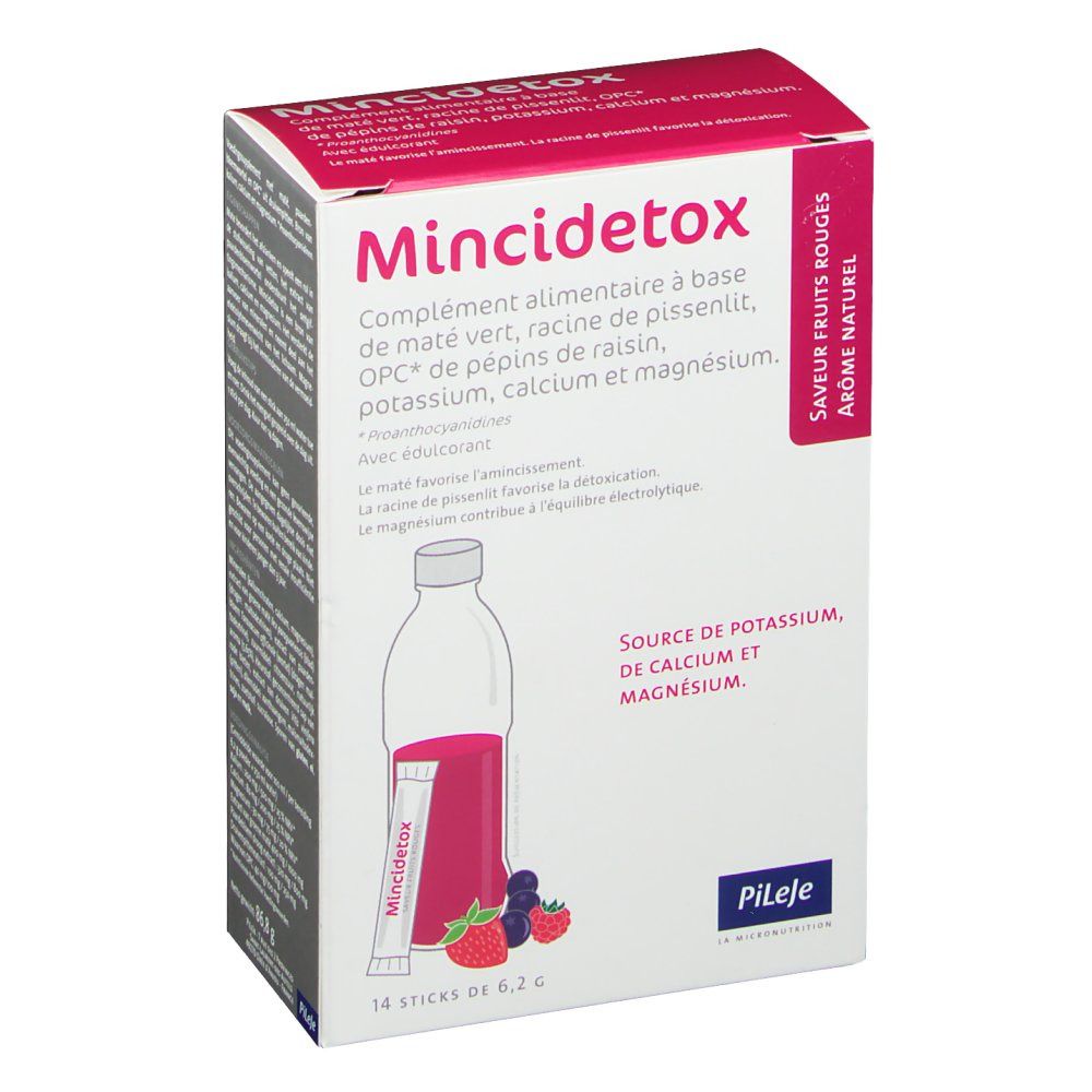 Boîte de Mincidetox®. Contient 14 sticks. Ingrédients : maté, racine de pissenlit, OPC, potassium, calcium, magnésium. Saveur fruits rouges.