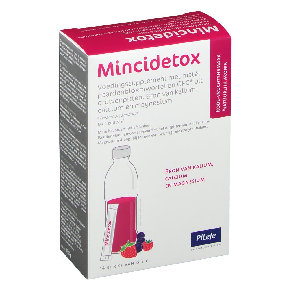 Boîte de Mincidetox®. Contient 14 sticks. Ingrédients : maté, racine de pissenlit, OPC, potassium, calcium, magnésium. Saveur fruits rouges.