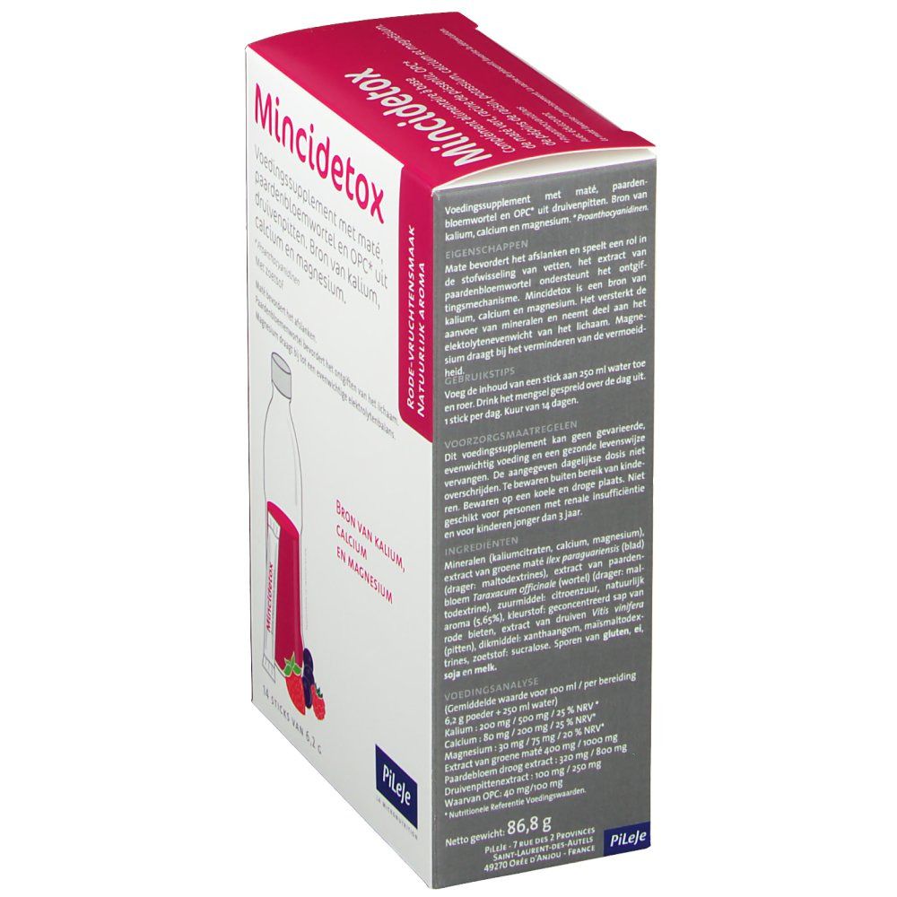 Boîte de Mincidetox® vue en biais. Contient 14 sticks. Ingrédients : maté, racine de pissenlit, OPC, potassium, calcium, magnésium. Texte en français.