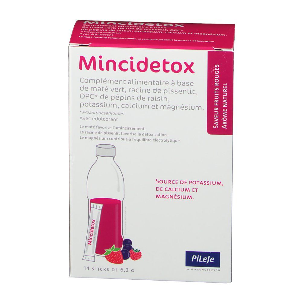 Boîte de Mincidetox®. Contient 14 sticks. Ingrédients : maté, racine de pissenlit, OPC, potassium, calcium, magnésium. Saveur fruits rouges.