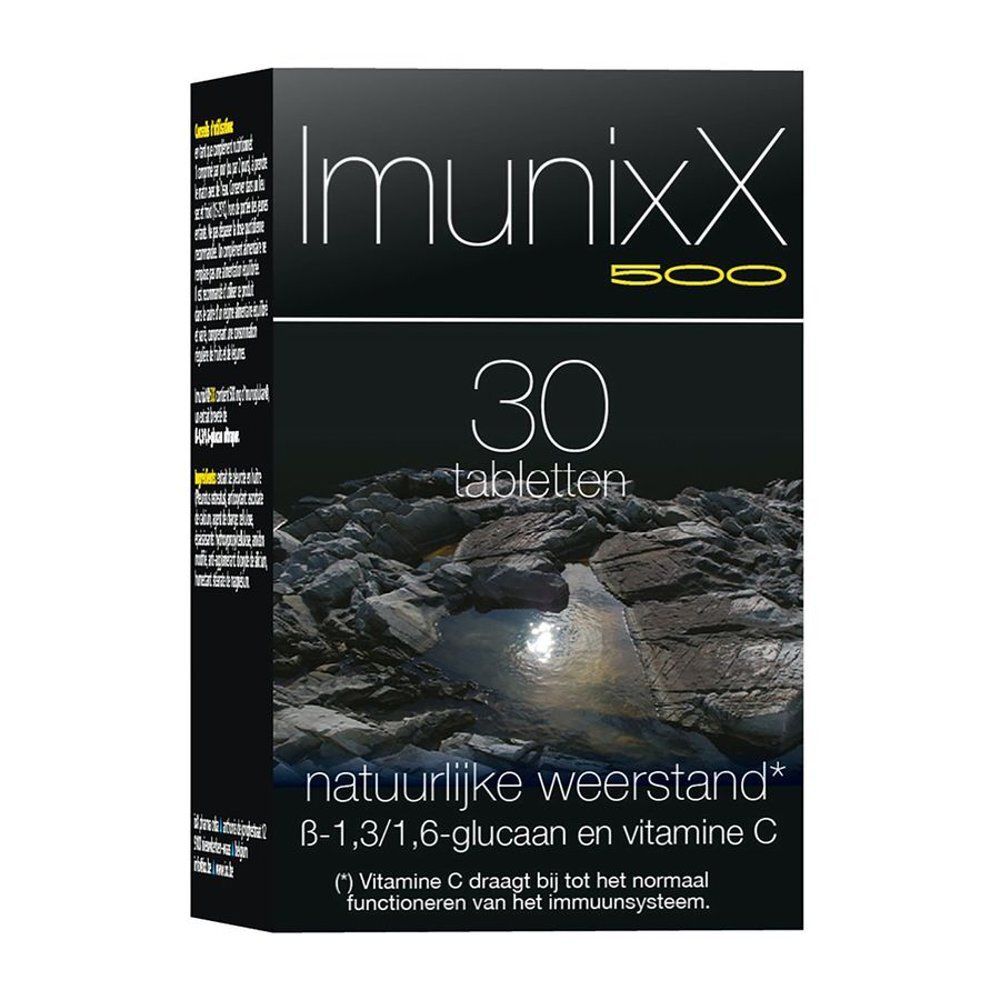 Zwarte doos Imunixx 500, 30 tabletten. Tekst: Natuurlijke weerstand, vitamine C.