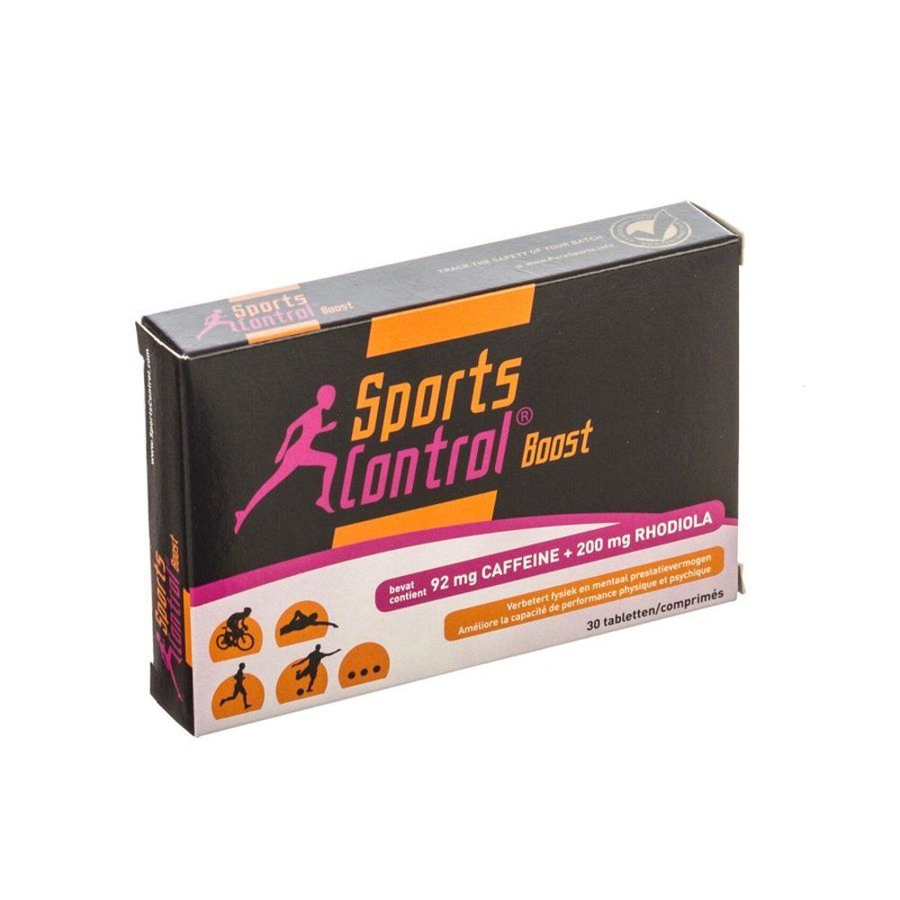 Boîte noire avec impression du produit. Inscription : Sports Control Boost. Contient 92 mg de caféine et 200 mg de rhodiola. 30 comprimés.