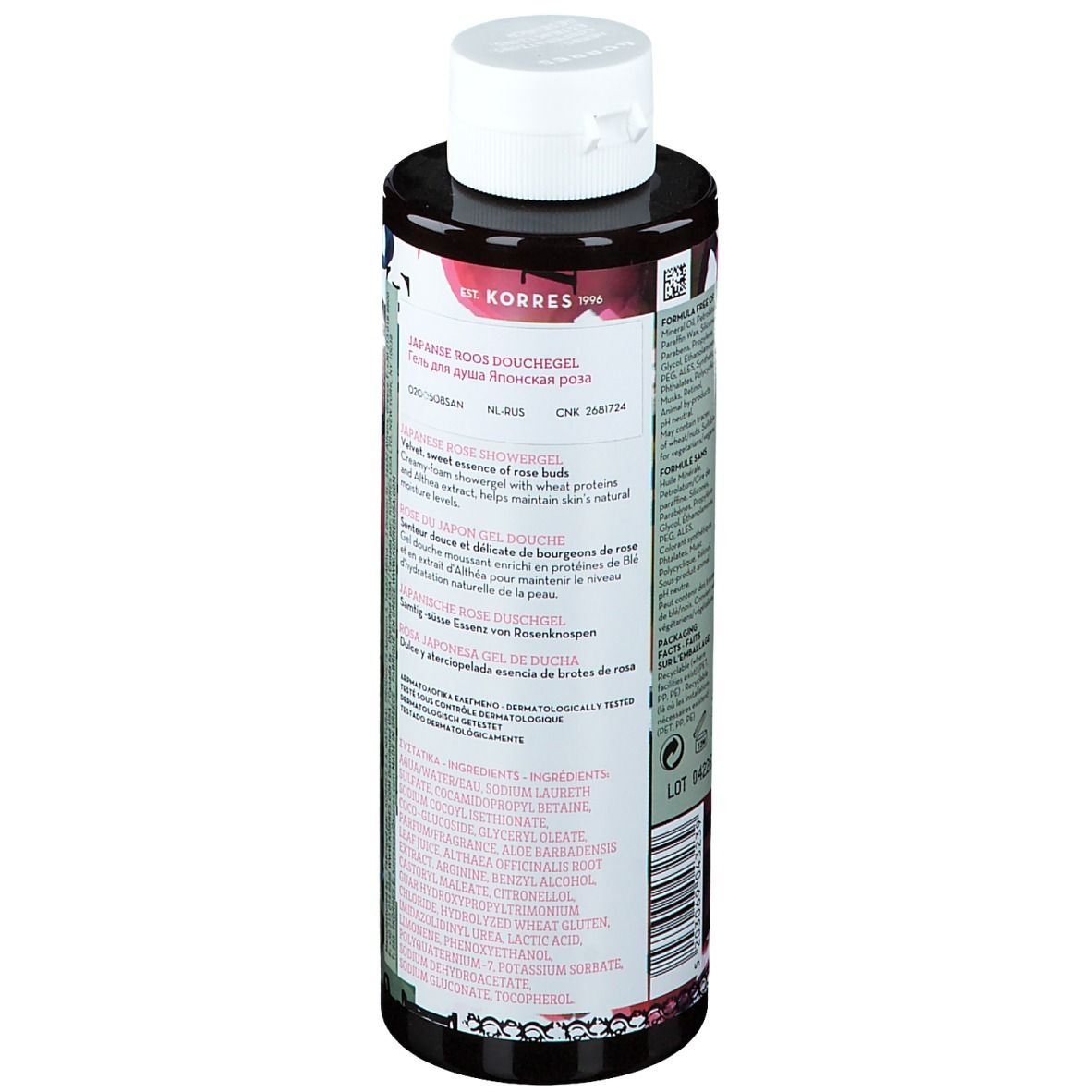 Dos du flacon de gel douche KORRES®. Texte avec ingrédients et informations. Flacon noir, bouchon blanc.