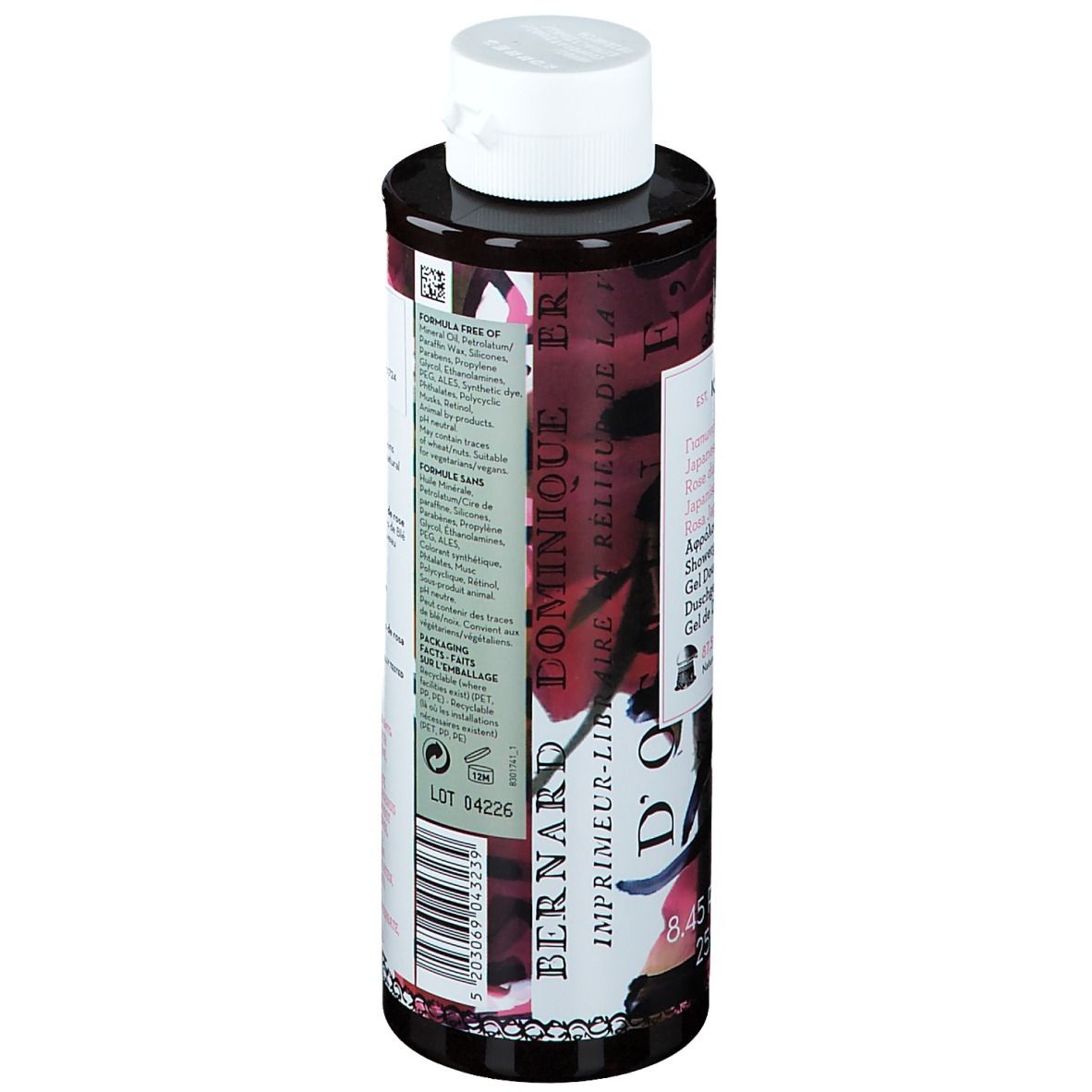 Dos du flacon de gel douche KORRES®. Texte avec ingrédients et informations. Flacon noir, bouchon blanc.