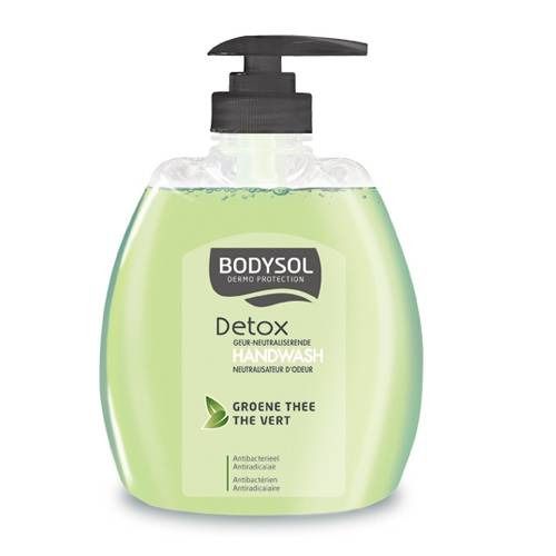 Groene vloeibare zeep met pomp. Opschrift: Bodysol Detox Handwash. Bevat groene thee. Antibacterieel.