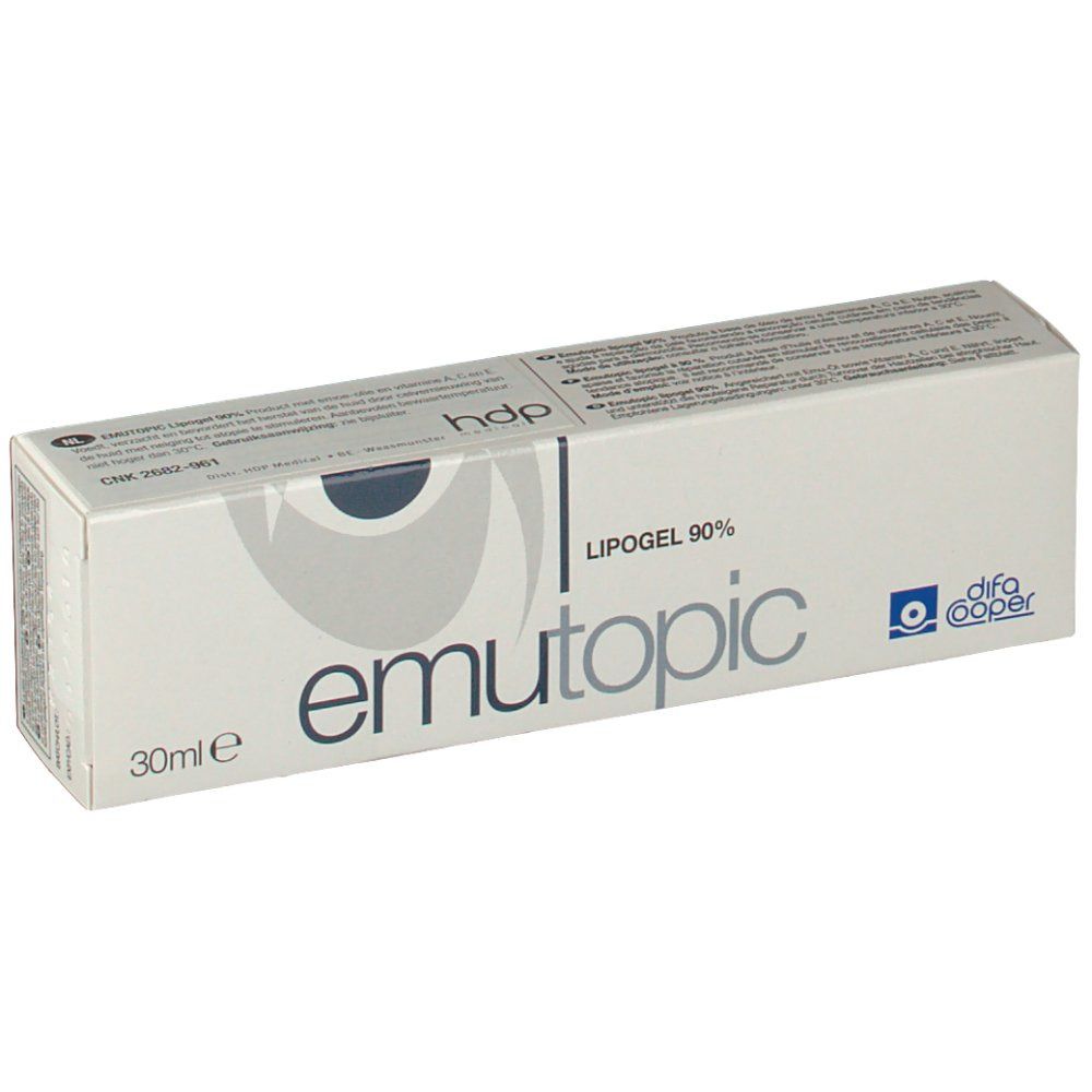 Doosje emutopic® Lipogel 90%. Wit, blauwe tekst. Bevat 30ml. Merk: difa cooper.