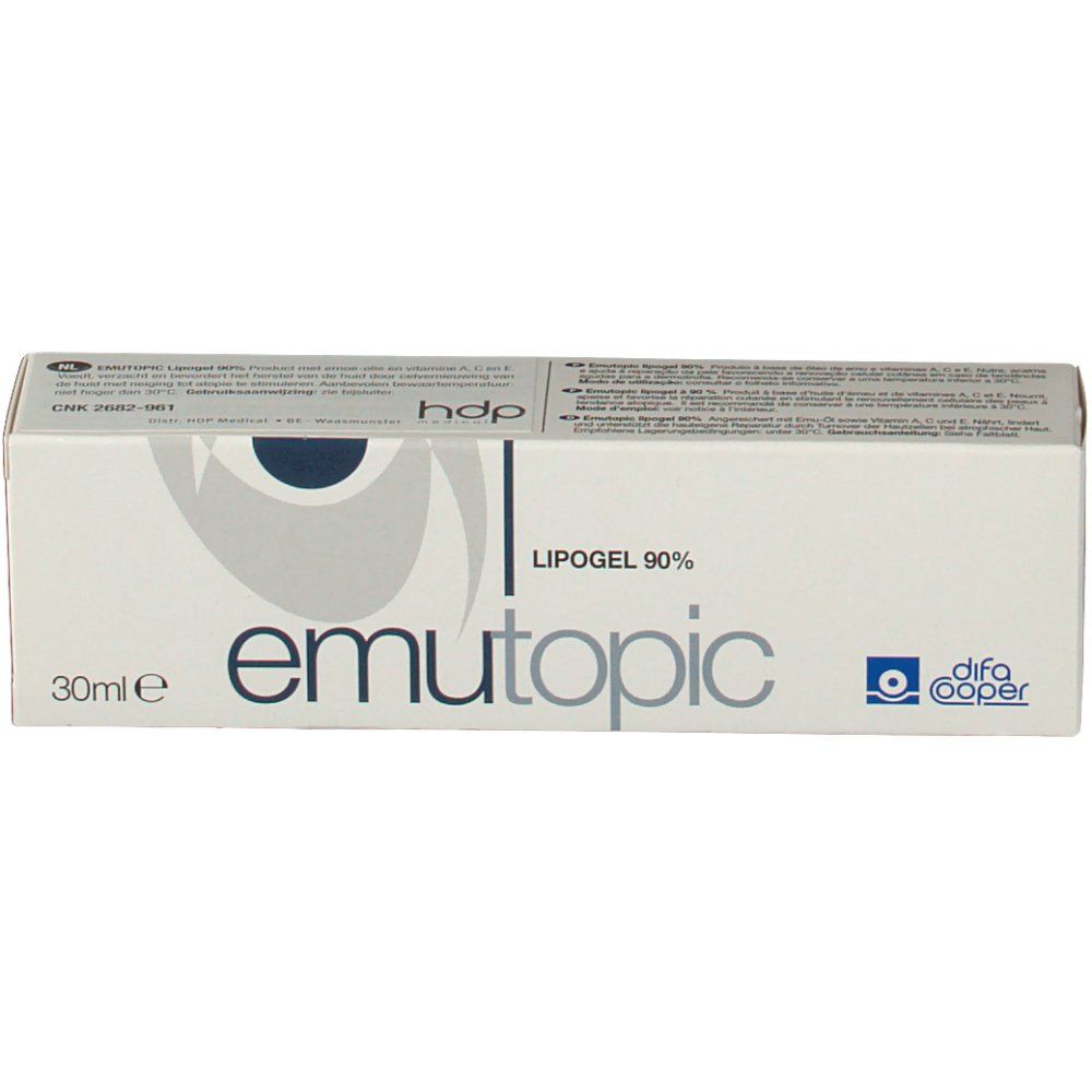 Doosje emutopic® Lipogel 90%. Wit, blauwe tekst. Bevat 30ml. Merk: difa cooper.