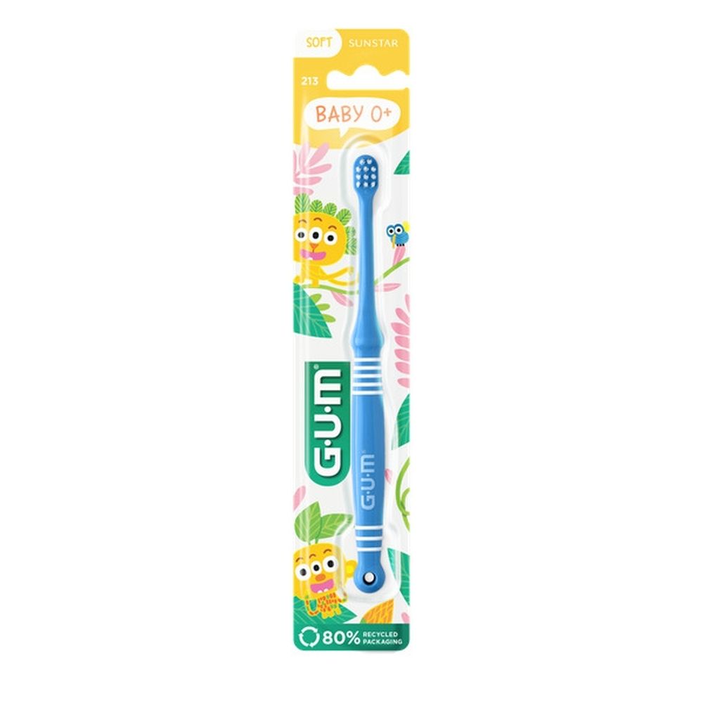 Gele baby-tandenborstel. Merk G.U.M, Baby 0+. Borstelharen, handvat en vorm zichtbaar.