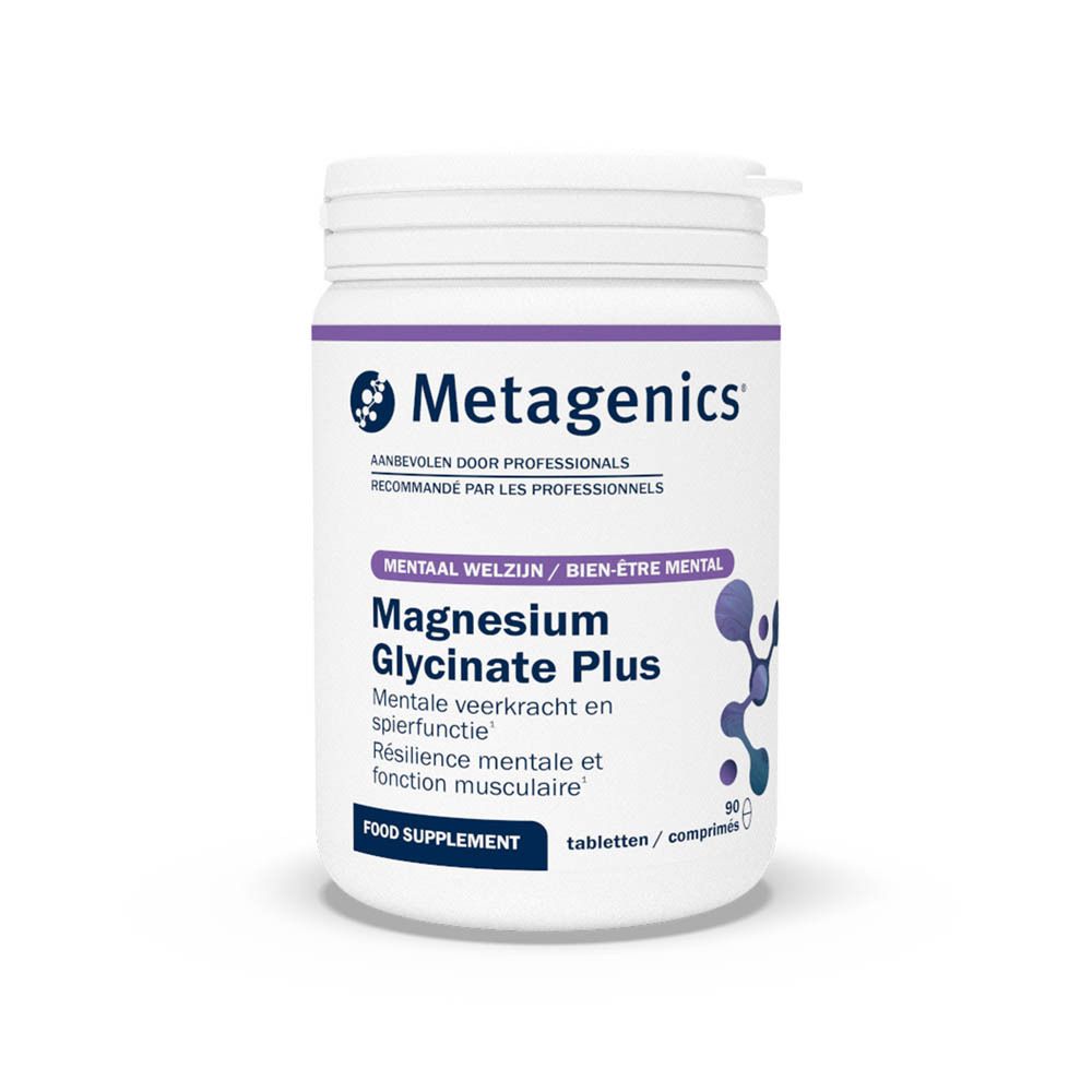Witte fles Magnesium Glycinate Plus. Merk Metagenics. Tekst in het Duits.