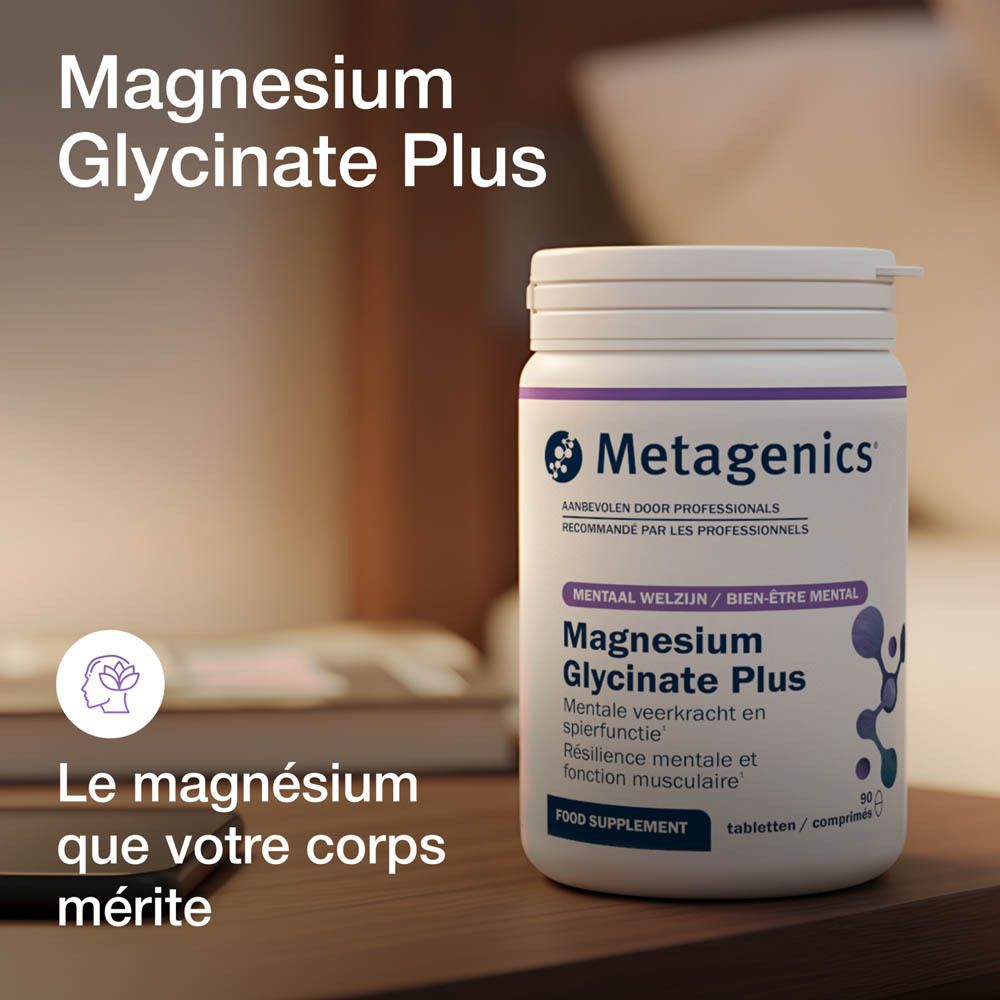 Flacon blanc de Magnesium Glycinate Plus. Marque Metagenics. Texte en français.