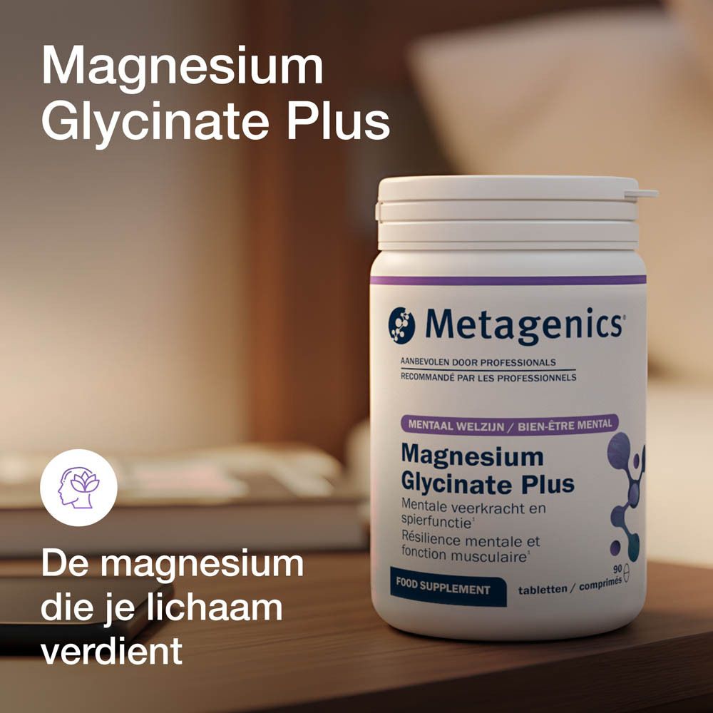Witte fles Magnesium Glycinate Plus. Merk Metagenics. Tekst in het Nederlands.