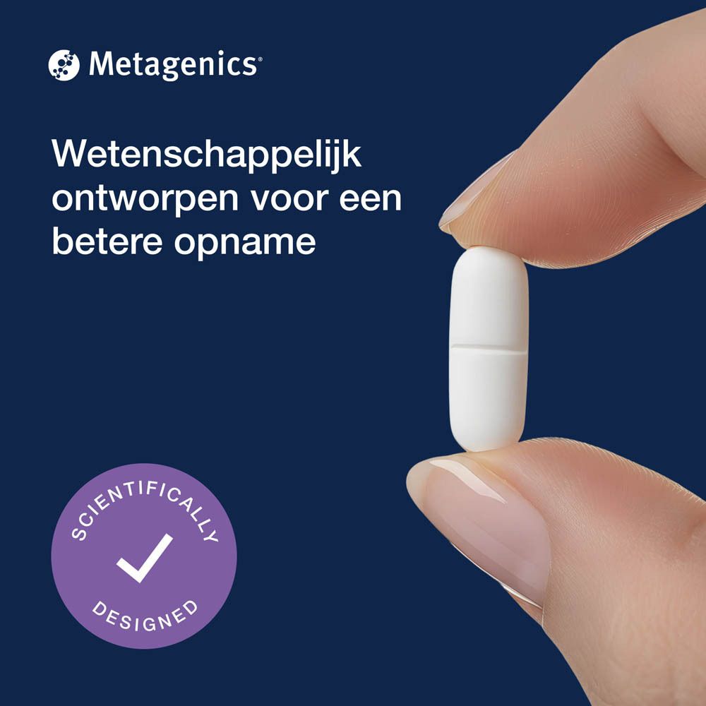 Achterkant fles Magnesium Glycinate Plus. Tekst in het Nederlands. Metagenics.