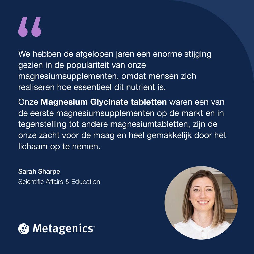 Witte fles Magnesium Glycinate Plus. Merk Metagenics. Tekst in het Nederlands.
