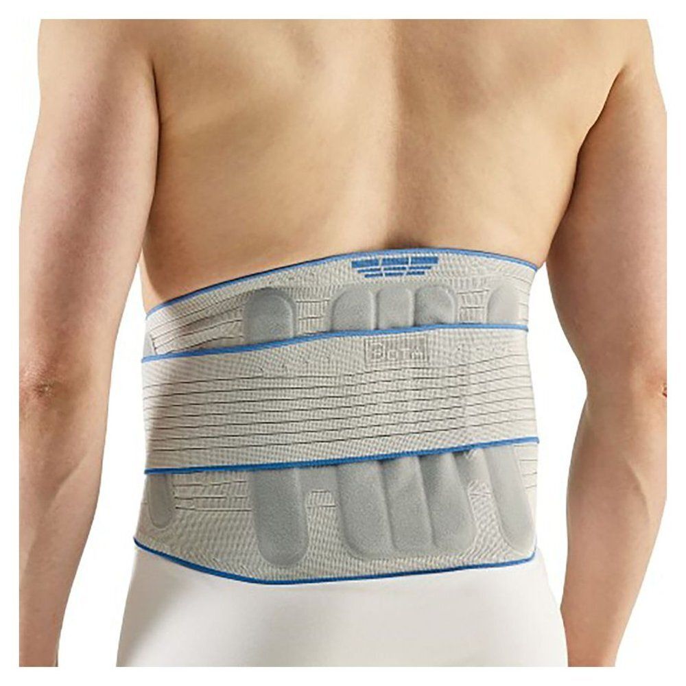Ceinture lombaire grise et bleue portée sur le dos d'une personne. Avec coussinets et sangles. Marque visible.