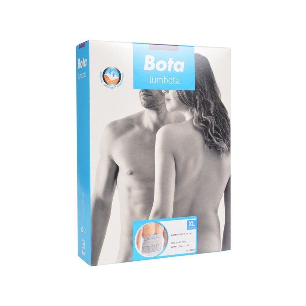 Verpakking Bota Lumbota. Doos met productafbeelding en XL-maat. Paar, witte achtergrond.