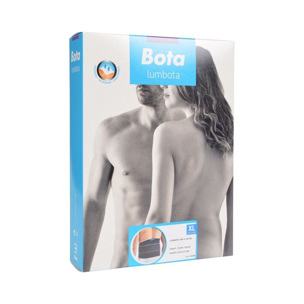 Emballage Bota Lumbota CRX Zwart XL. Illustration d'un homme et d'une femme. Image du produit en bas à droite. Marque XL.