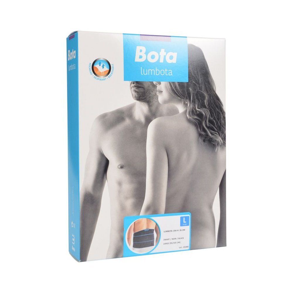 Bota Lumbota CRX Zwart Gr. L verpakking. Afbeelding van man en vrouw. Maatindicatie.