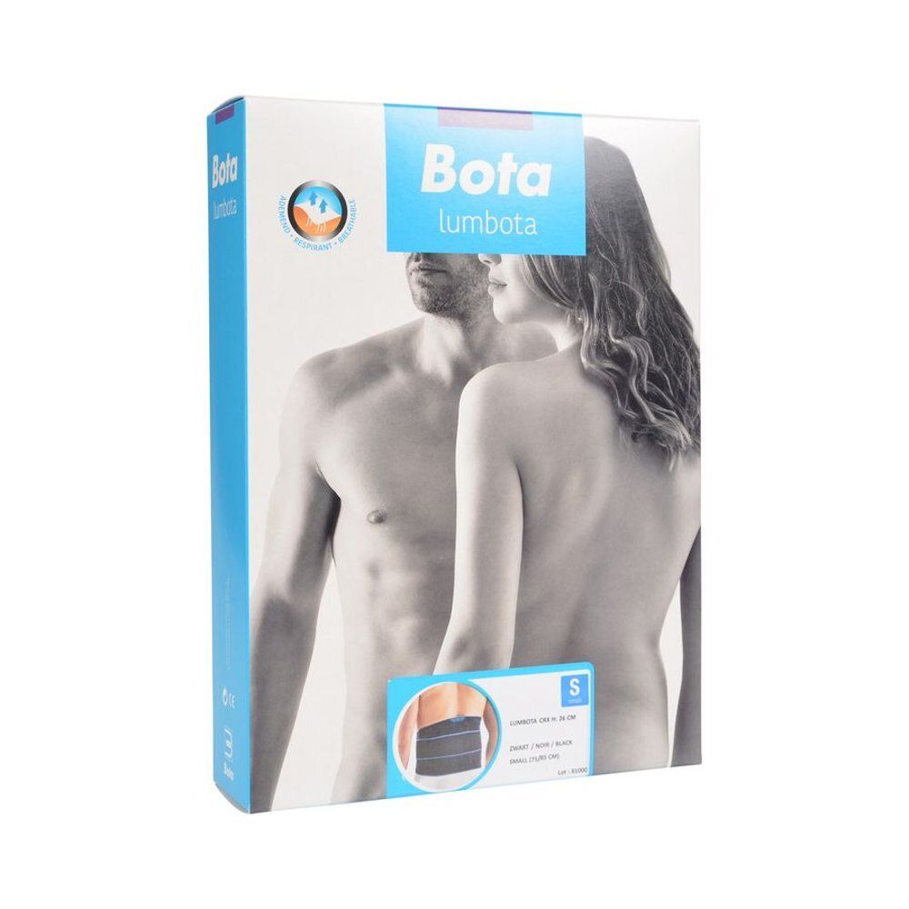 Verpakking Bota Lumbota CRX Zwart Small. Illustratie man en vrouw. Productafbeelding en maatindicatie.