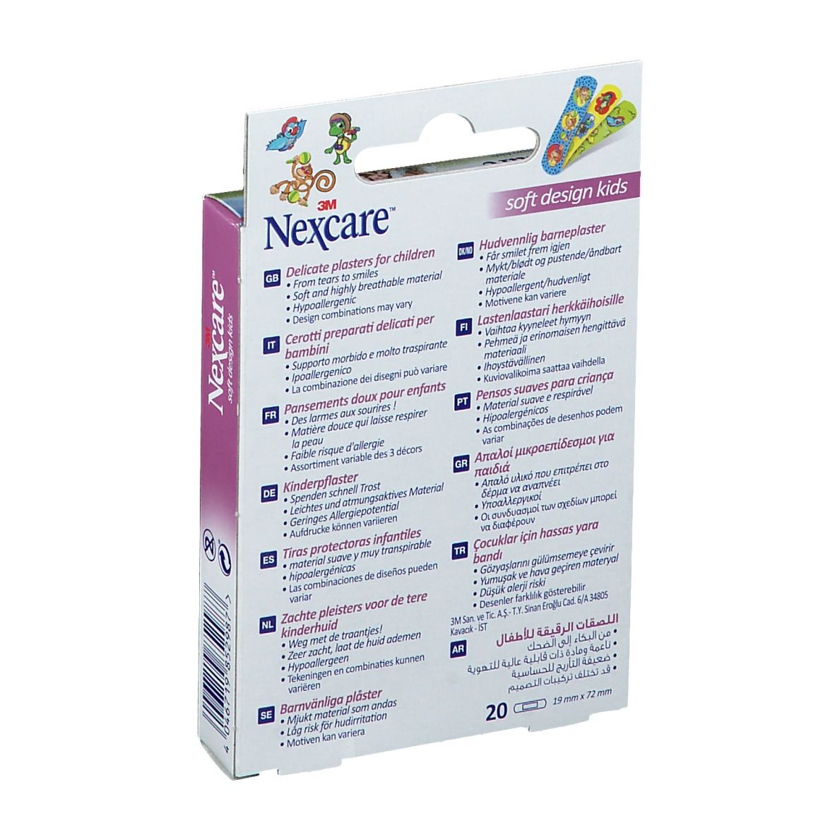 Dos de la boîte de pansements Nexcare Soft Design Kids. Texte multilingue, 20 pièces.