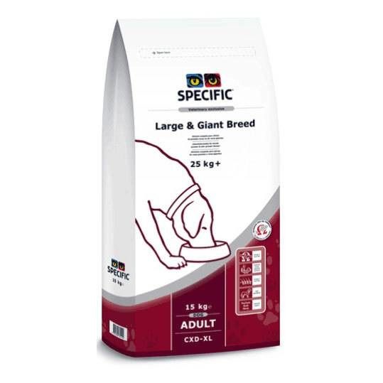 Sac de nourriture pour chiens SPECIFIC. Inscription: Large & Giant Breed, 25 kg+, ADULT CXD-XL. Couleurs rouge et blanc.