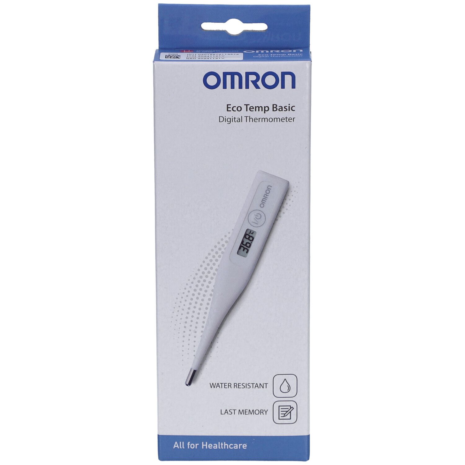 Thermomètre numérique Omron Eco Temp Basic dans l'emballage. Thermomètre blanc avec écran affichant la température. Emballage avec nom du produit.