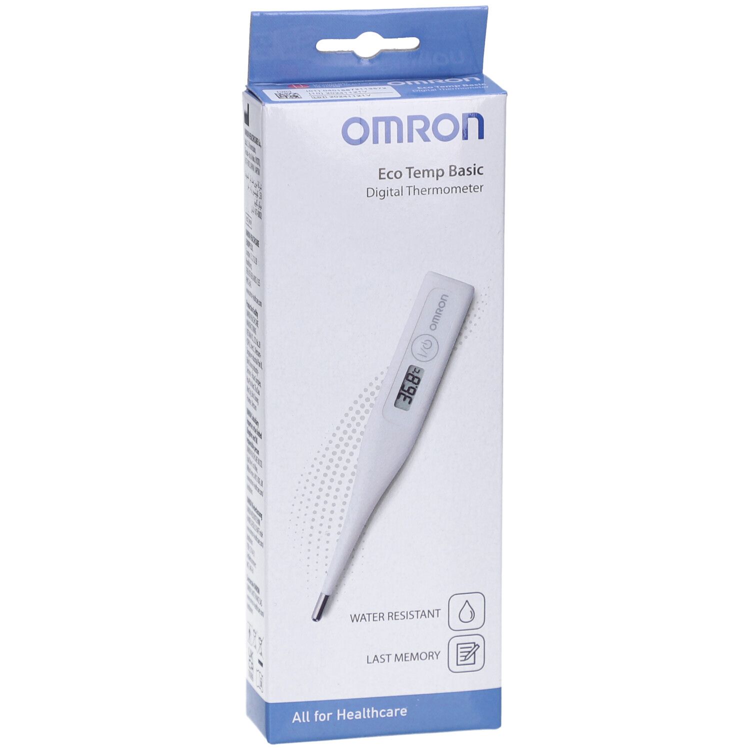 Thermomètre numérique Omron Eco Temp Basic dans l'emballage. Thermomètre blanc avec écran affichant la température. Emballage avec nom du produit.