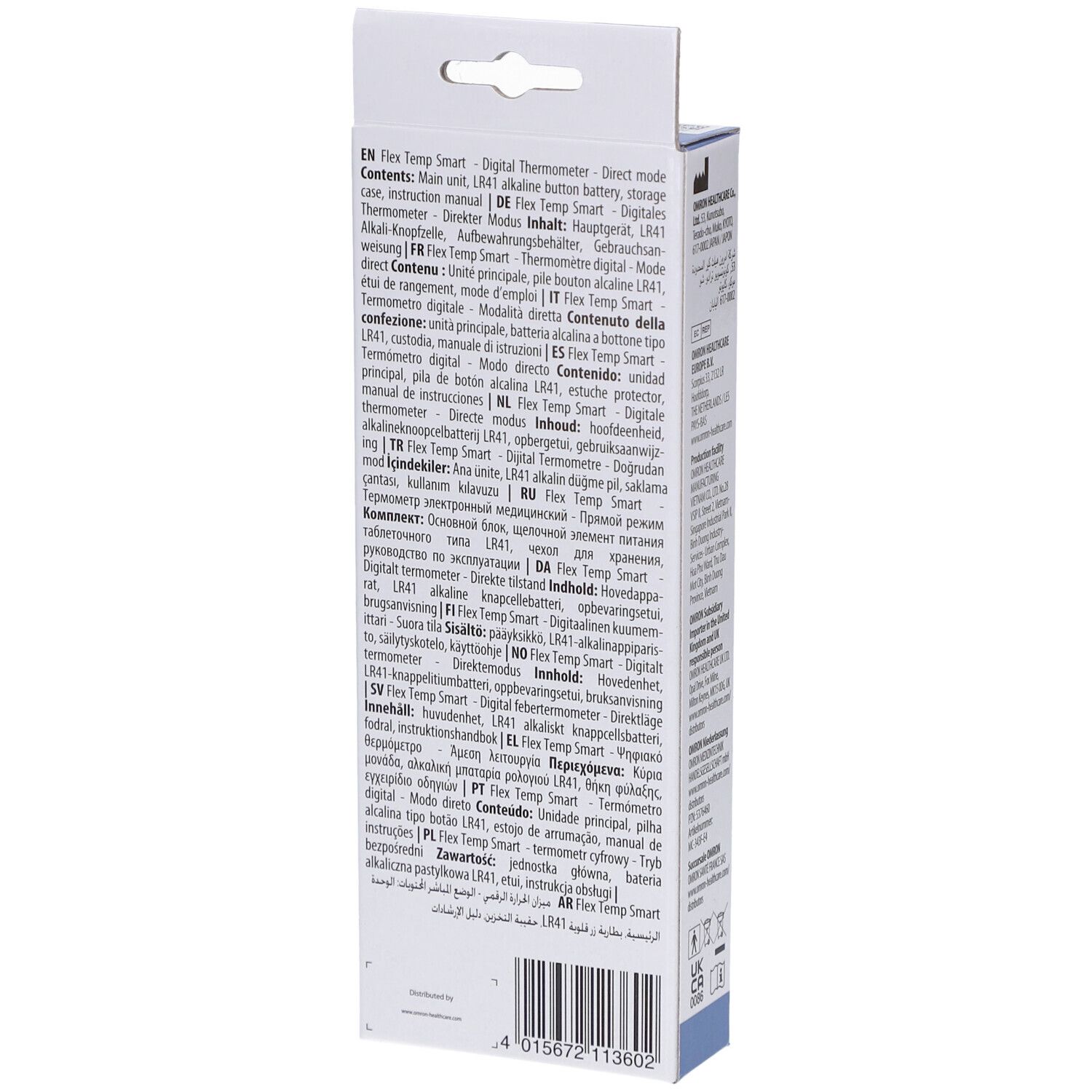 Achterkant van de verpakking van de digitale thermometer Omron Flex Temp Smart. Meertalige productinformatie.